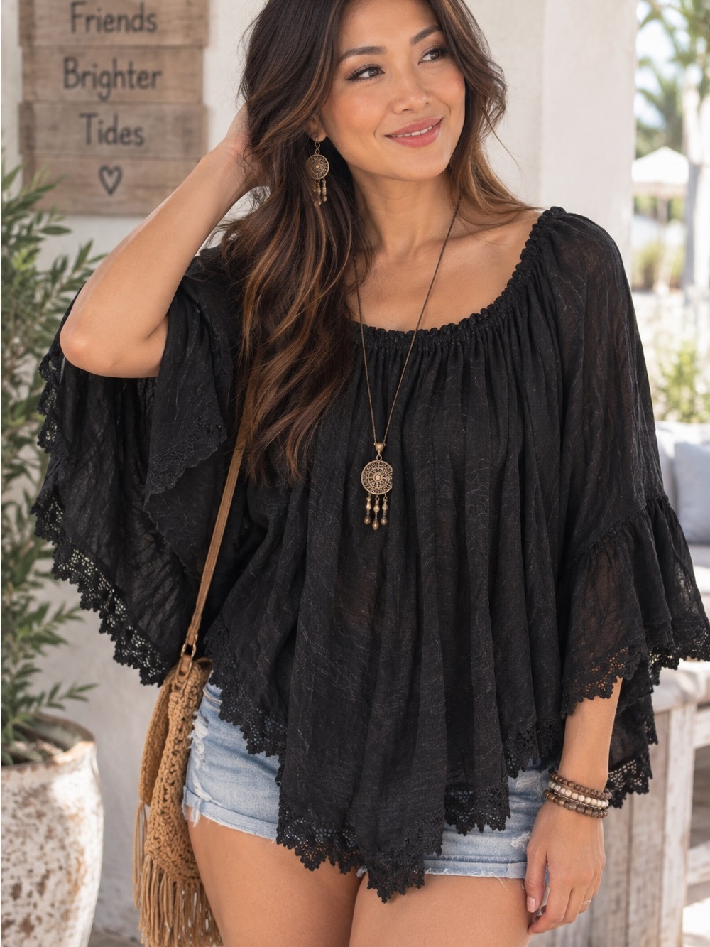 Altar'd State Black Lace-Trim Peasant Tunic